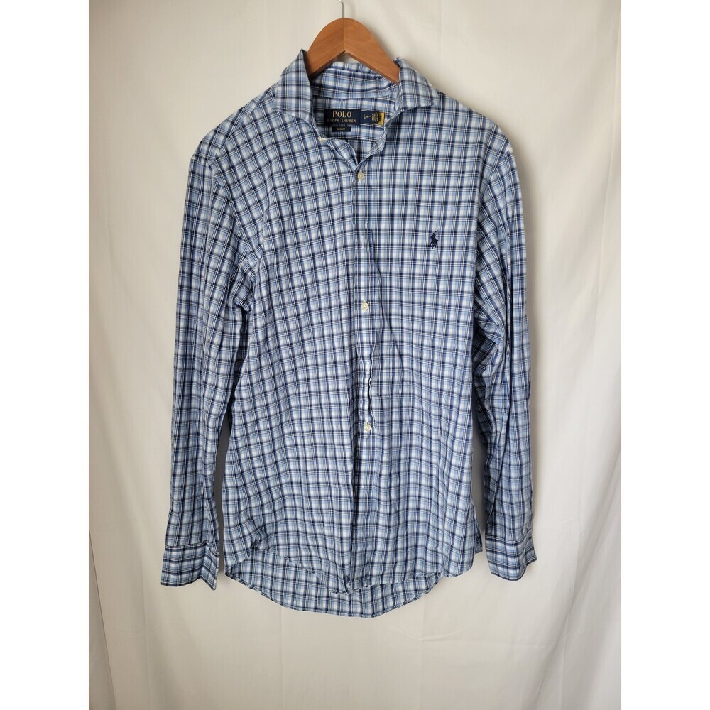 Polo Ralph Lauren Men's Large Slim Fit Blue White Plaid Casual Button-Down Shirt